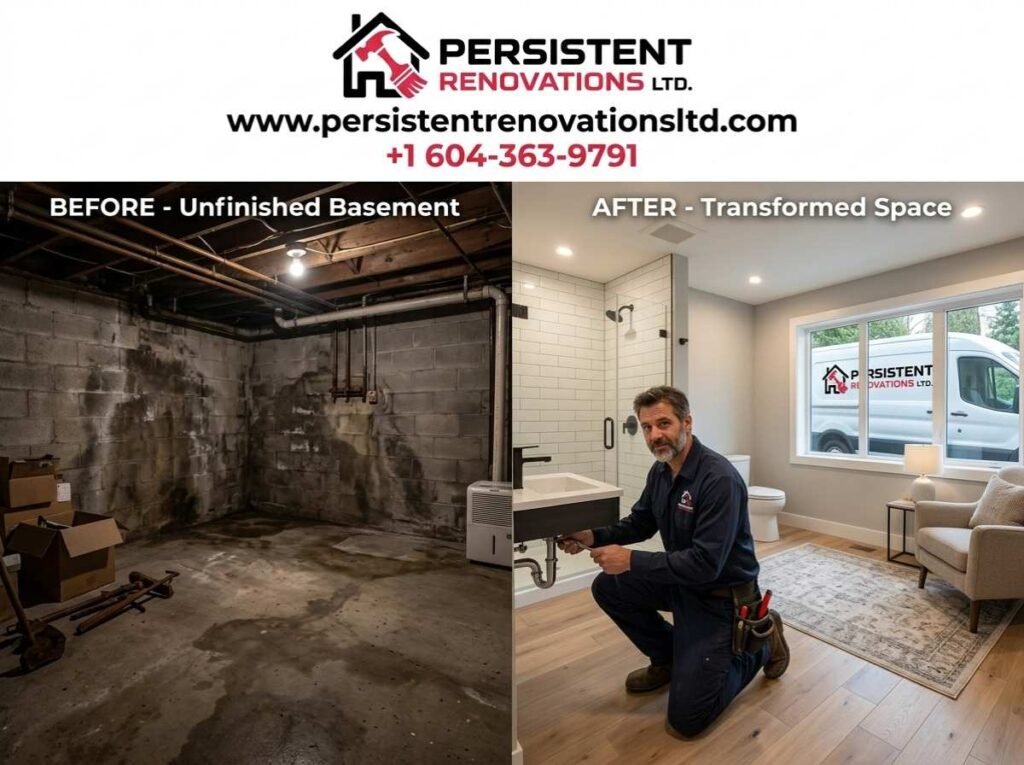 Basement renovation Vancouver BC before and after transformation showing modern finished space