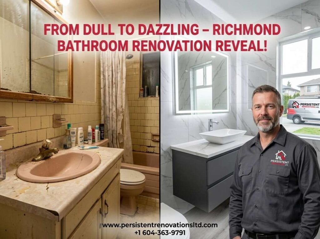 Before and after bathroom renovation in Richmond Vancouver showing modern upgrades