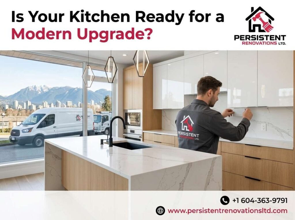Kitchen renovation Vancouver modern kitchen design with waterfall island and two tone cabinets