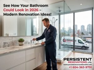 Modern Vancouver bathroom renovation with marble countertops, glass shower, and sleek vanity