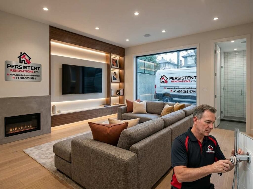 Modern basement renovation Vancouver BC living room design with cozy interior