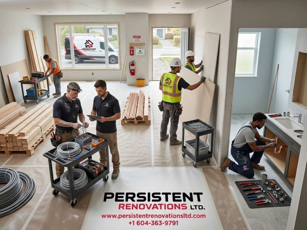 Rainy Vancouver home renovation with protective measures, highlighting challenges for homeowners